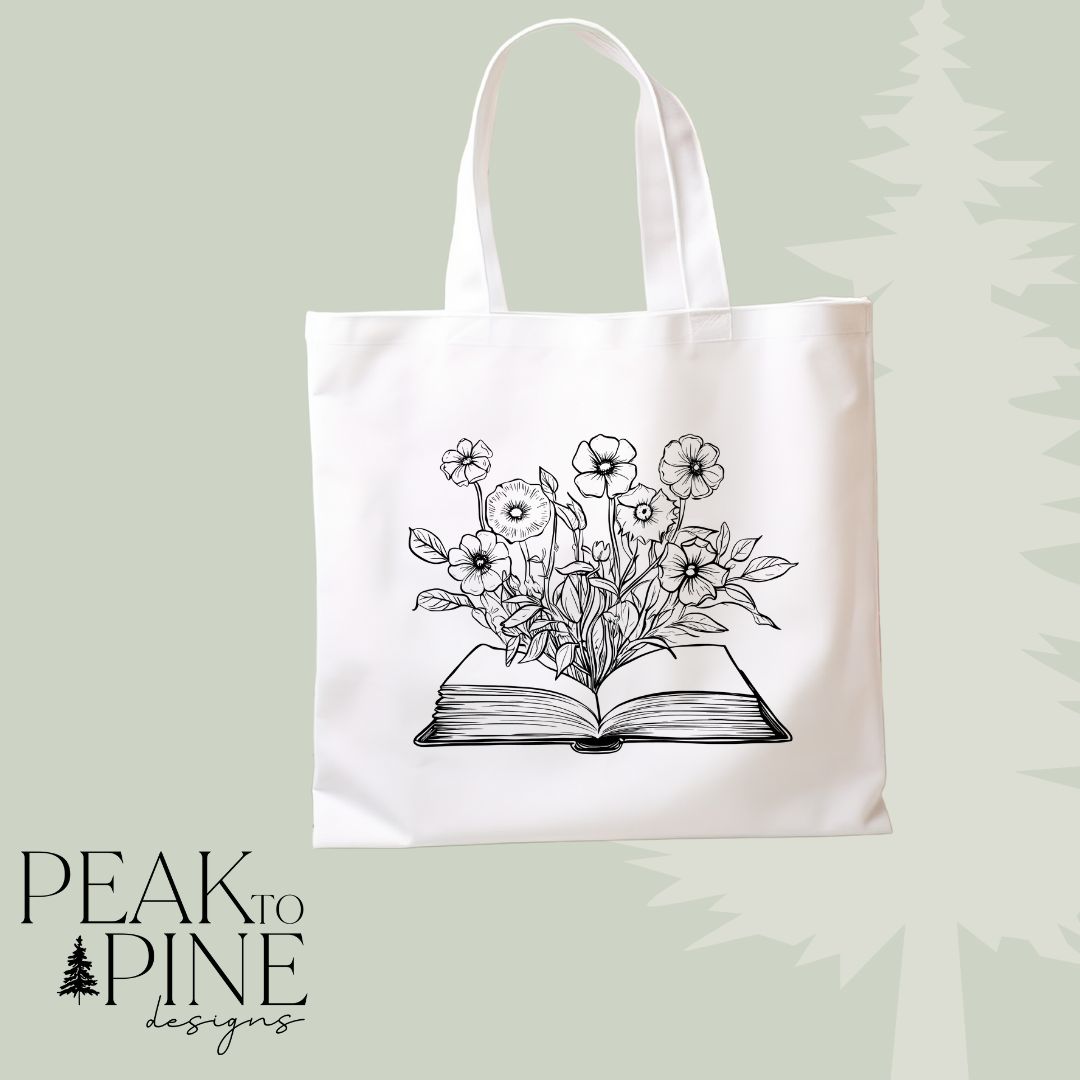 Line art book lovers open book floral flowers reusable canvas tote shopping bag