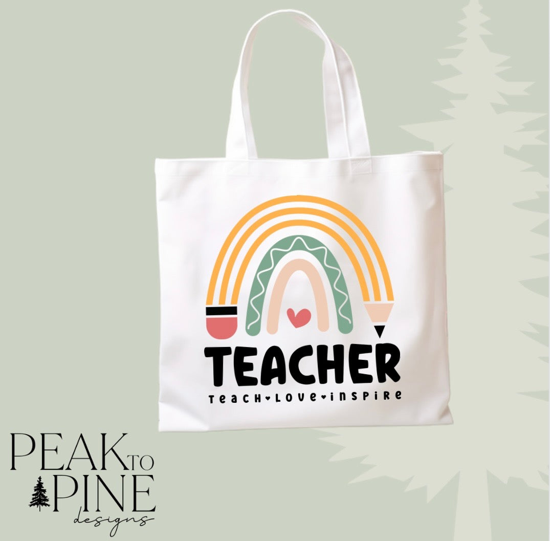 Teacher gifts student end of school pencil rainbow teach inspire reusable canvas tote shopping bag