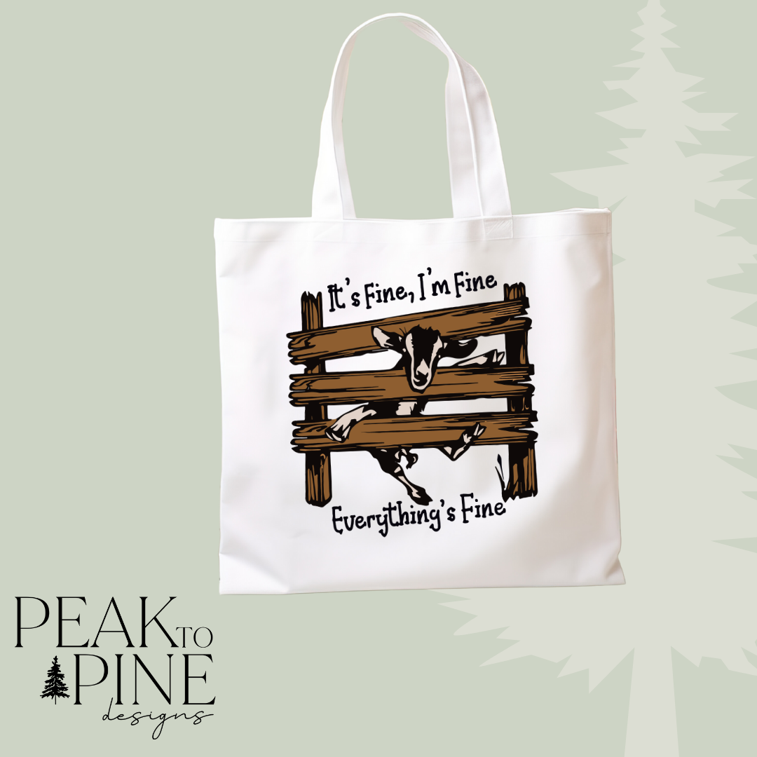 Goat funny humour I’m fine reusable canvas shopping tote bag