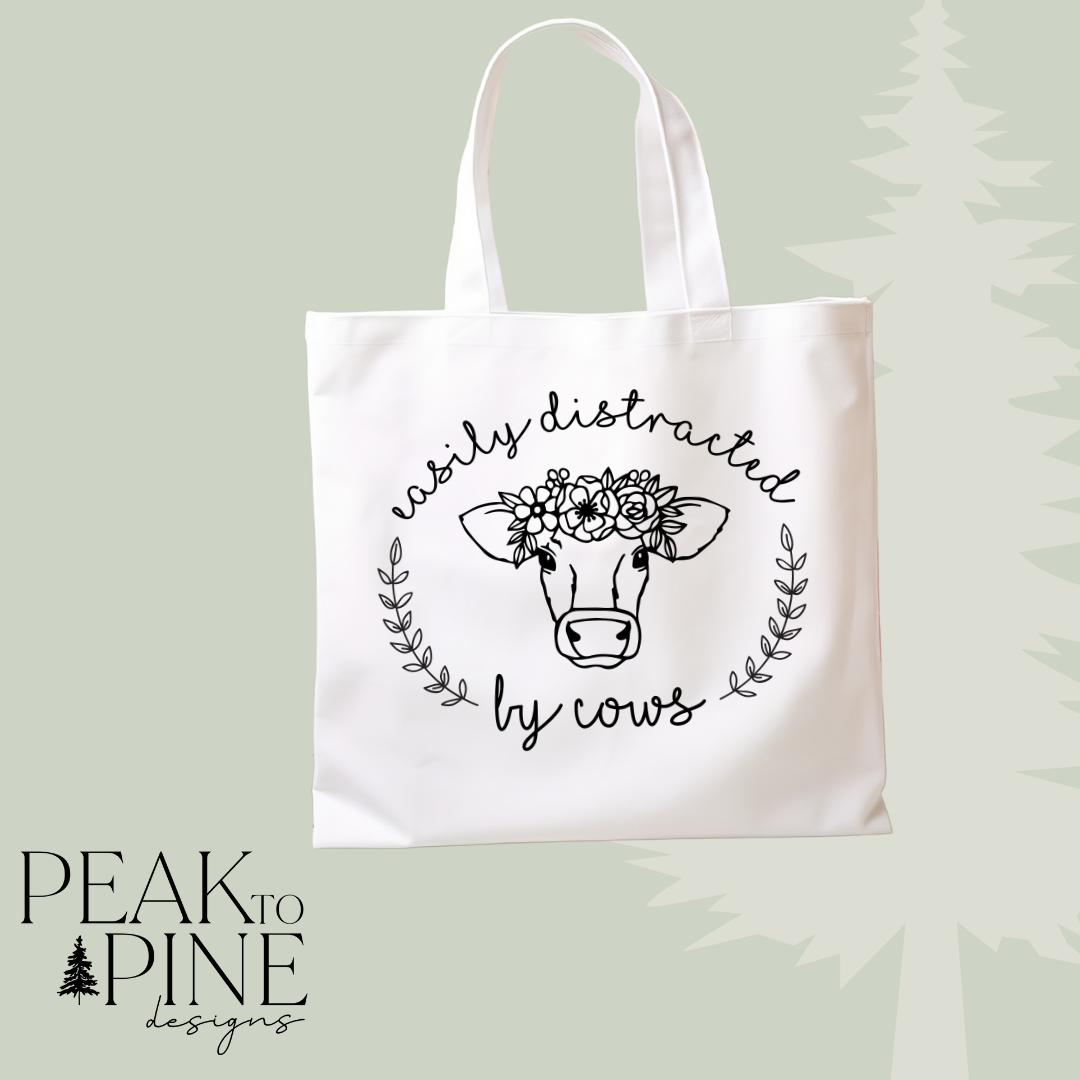 Cute cow floral farmer line art reusable canvas tote shopping bag
