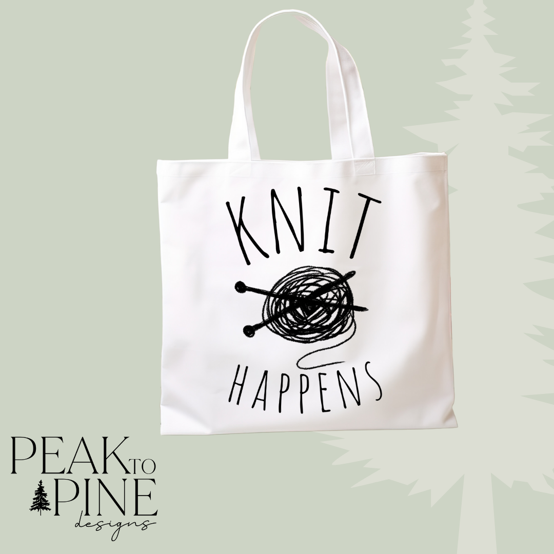 Knit crochet yarn needles hook pun humour funny reusable canvas tote shopping bag