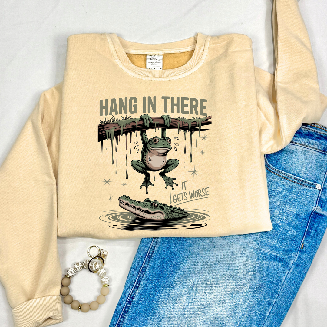 hang in there funny frog alligator high quality DTF printed sweatshirt hoodie crewneck