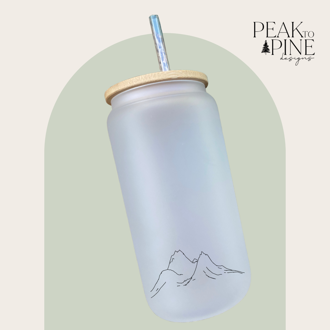 Mountains minimalist trendy line art elegant custom glass cup with bamboo lid