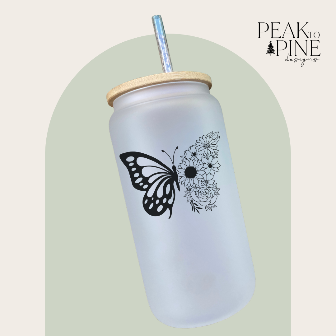 Butterfly minimalist trendy floral flowers elegant custom glass cup with bamboo lid