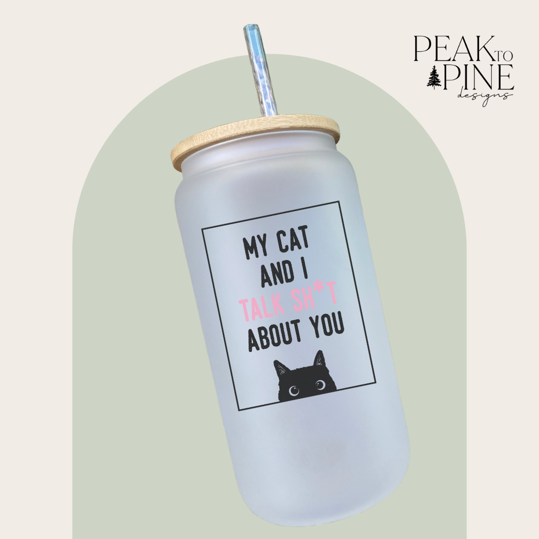 Cat lover minimalist trendy adult humour  elegant custom glass cup with bamboo lid