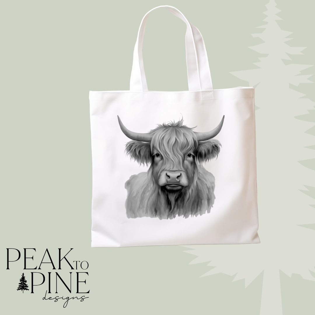 Hand drawn sketch art highland cow farm reusable canvas tote shopping bag