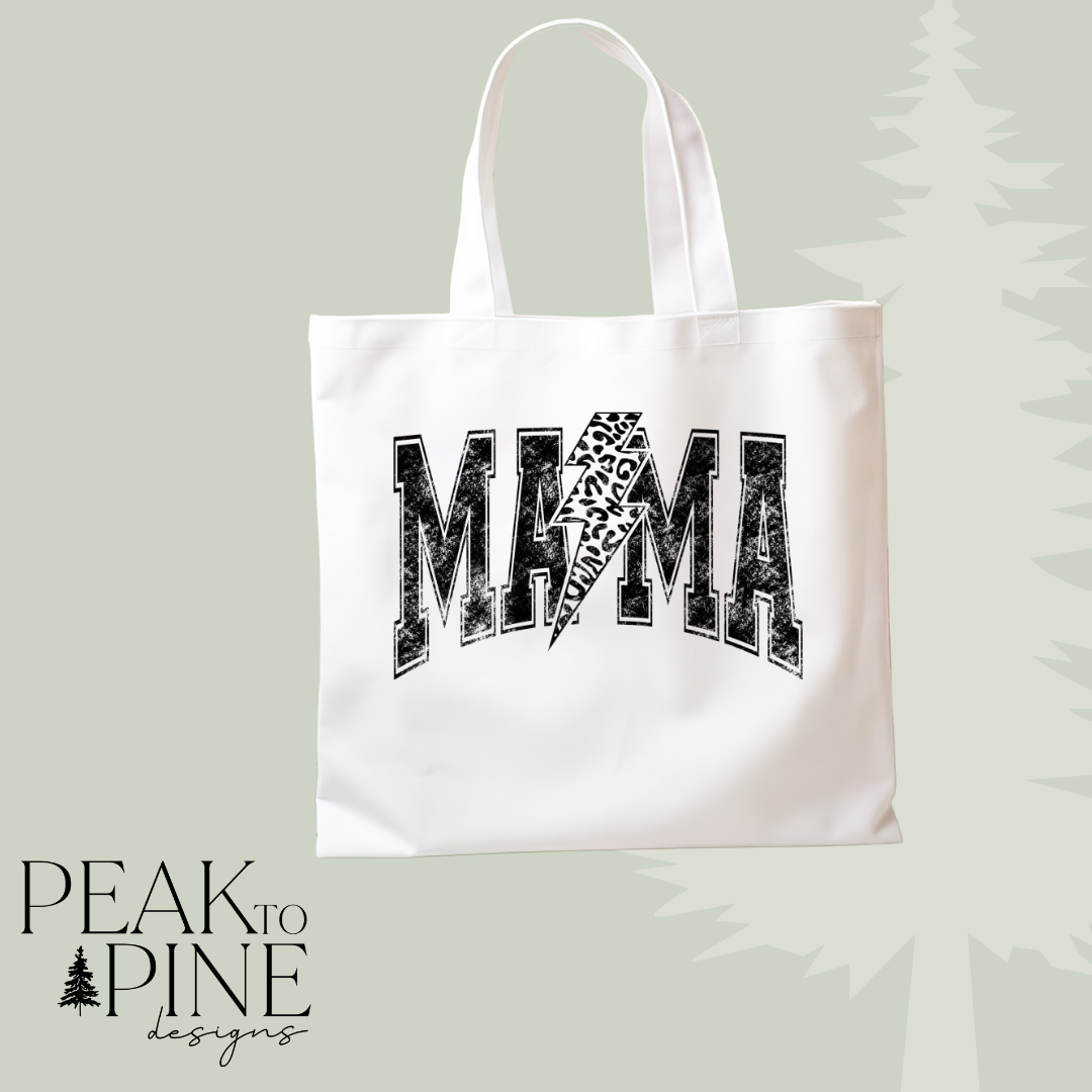 Mama block letter lightning bolt animal print reusable canvas tote shopping bag