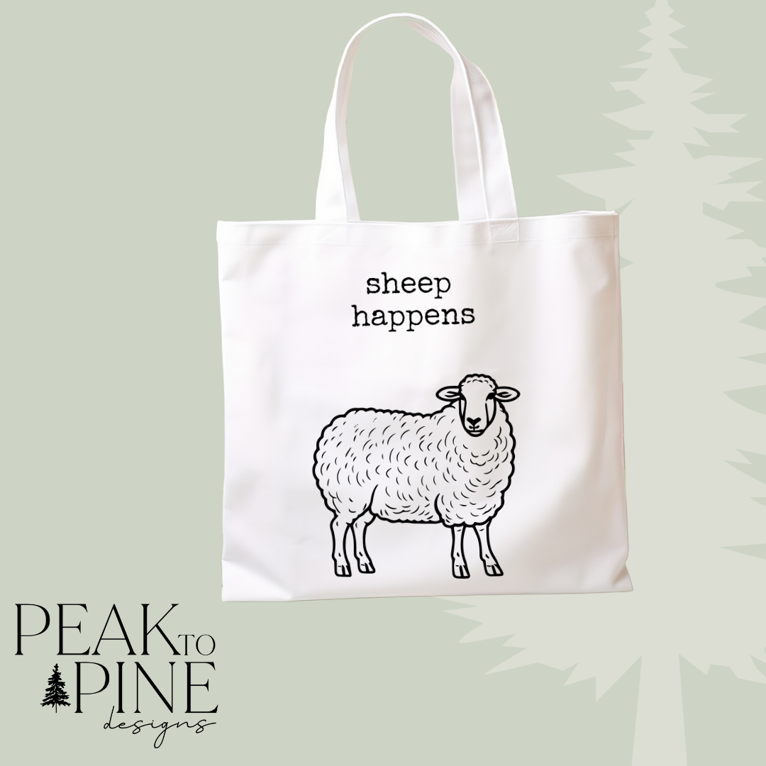 Sheep happens funny animal pun reusable canvas tote shopping bag