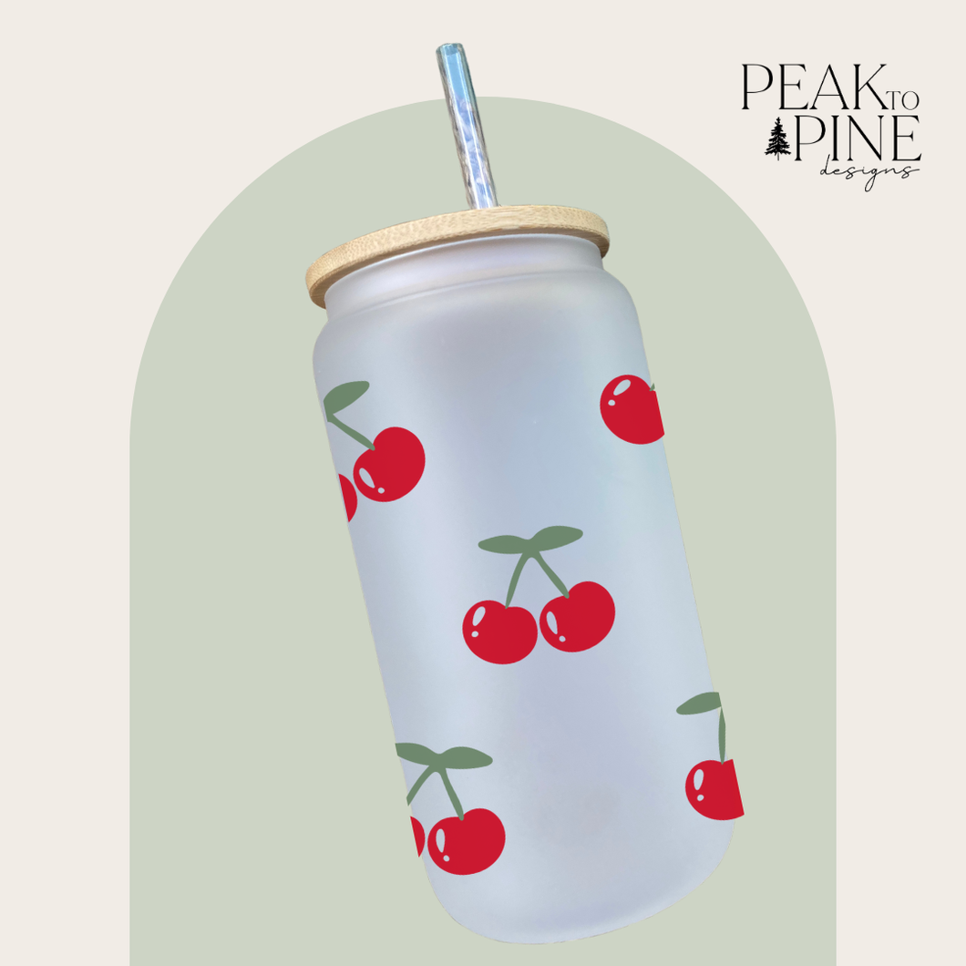 Cute cherries trendy fun summer elegant custom glass cup with bamboo lid