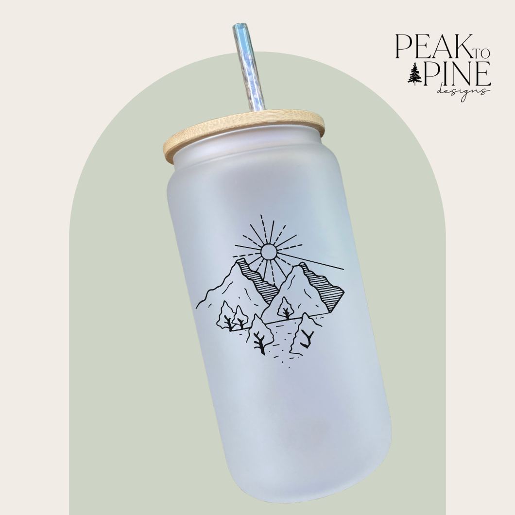 Mountain minimalist trendy trees outdoors line art elegant custom glass cup with bamboo lid
