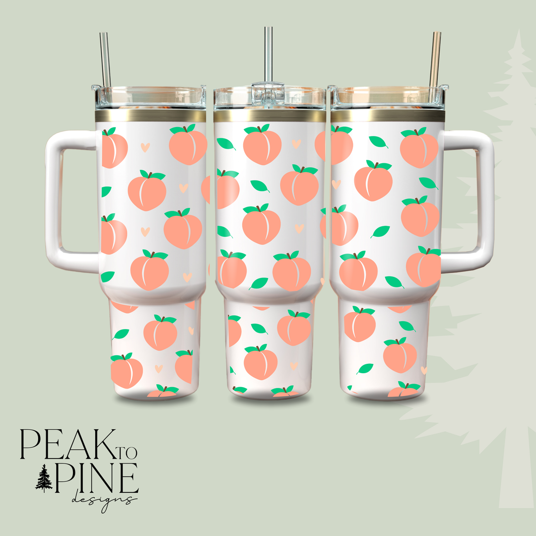 Peach patterned fun summer fruity printed Stanley summer drink tumbler with handle and straw 