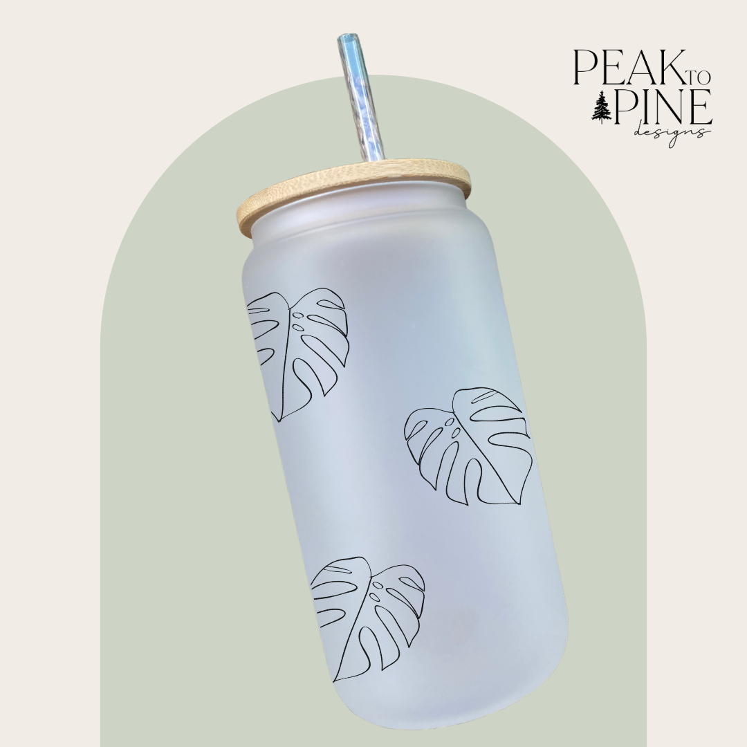 Tropical leaf minimalist trendy elegant custom glass cup with bamboo lid and straw