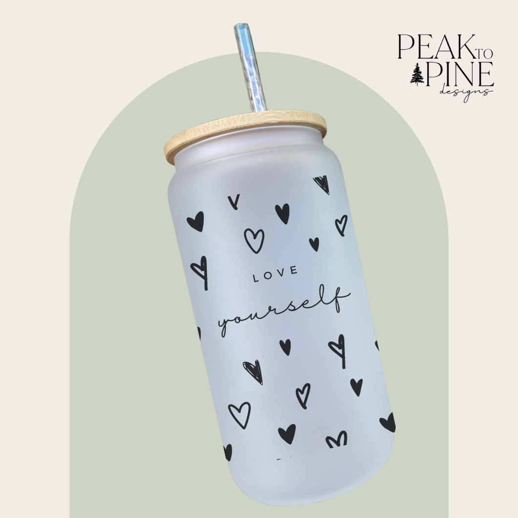 Hearts minimalist trendy self love elegant custom glass cup with bamboo lid