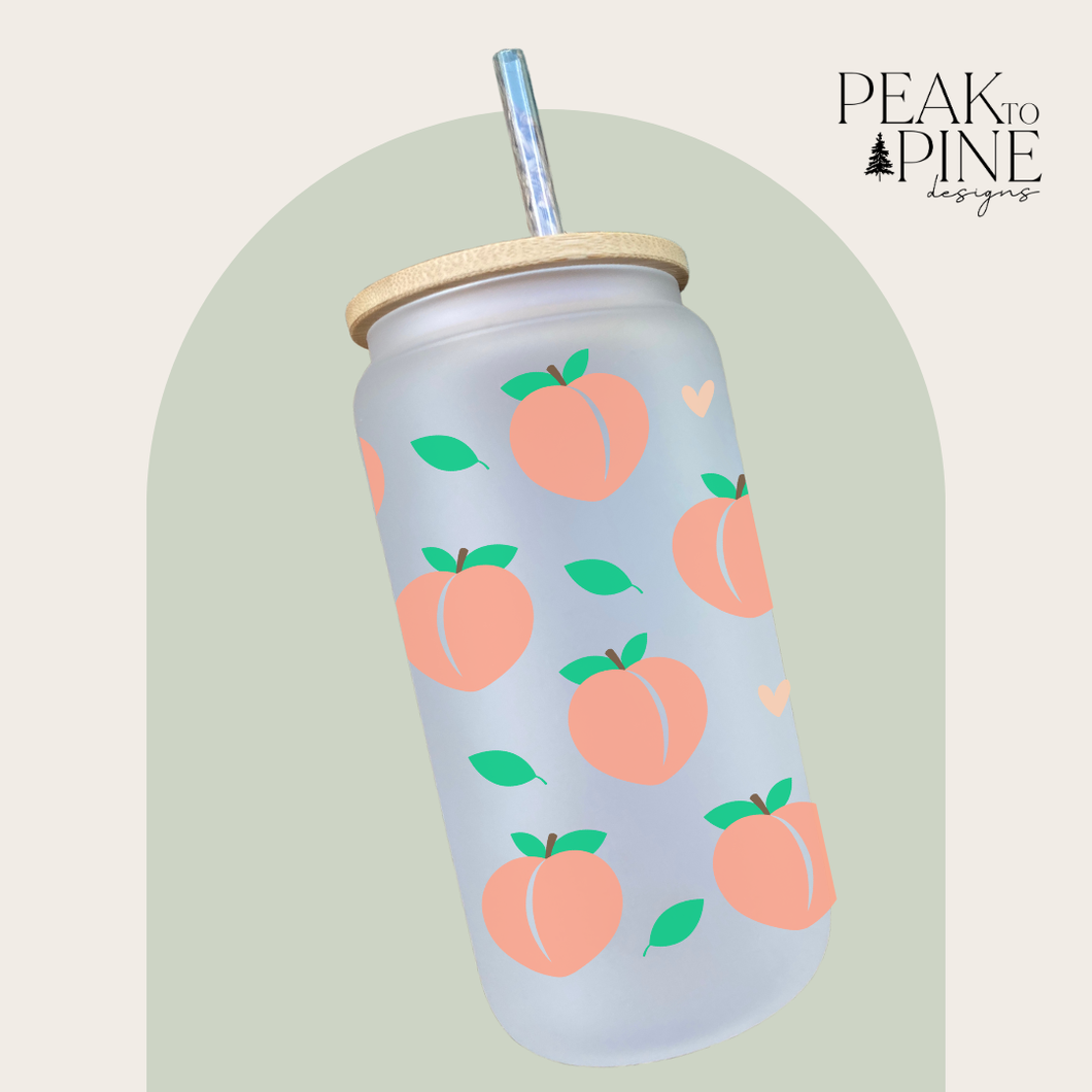 Peach minimalist trendy cute hearts fruit elegant custom glass cup with bamboo lid