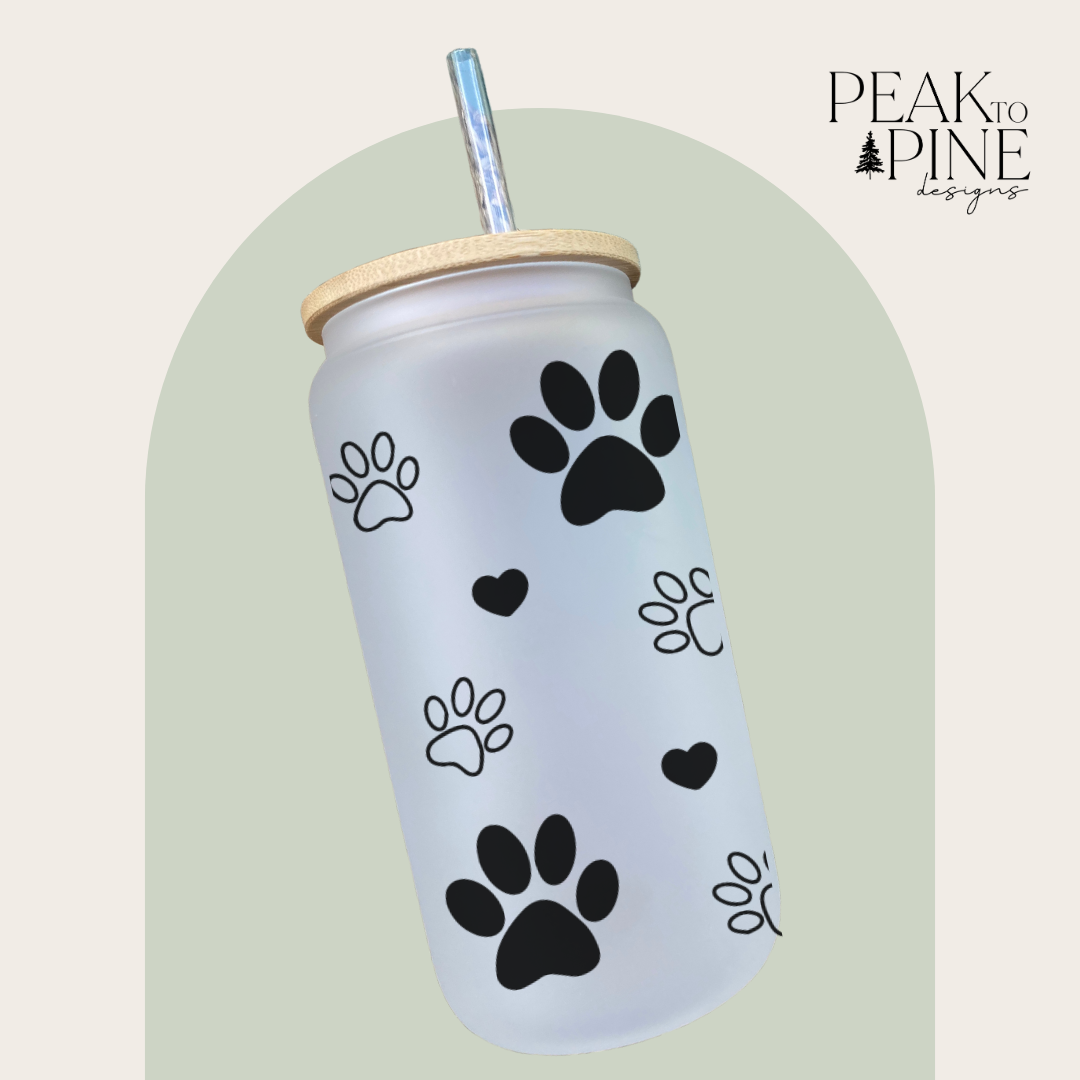 dog love paw print minimalist elegant glass cup with bamboo lid