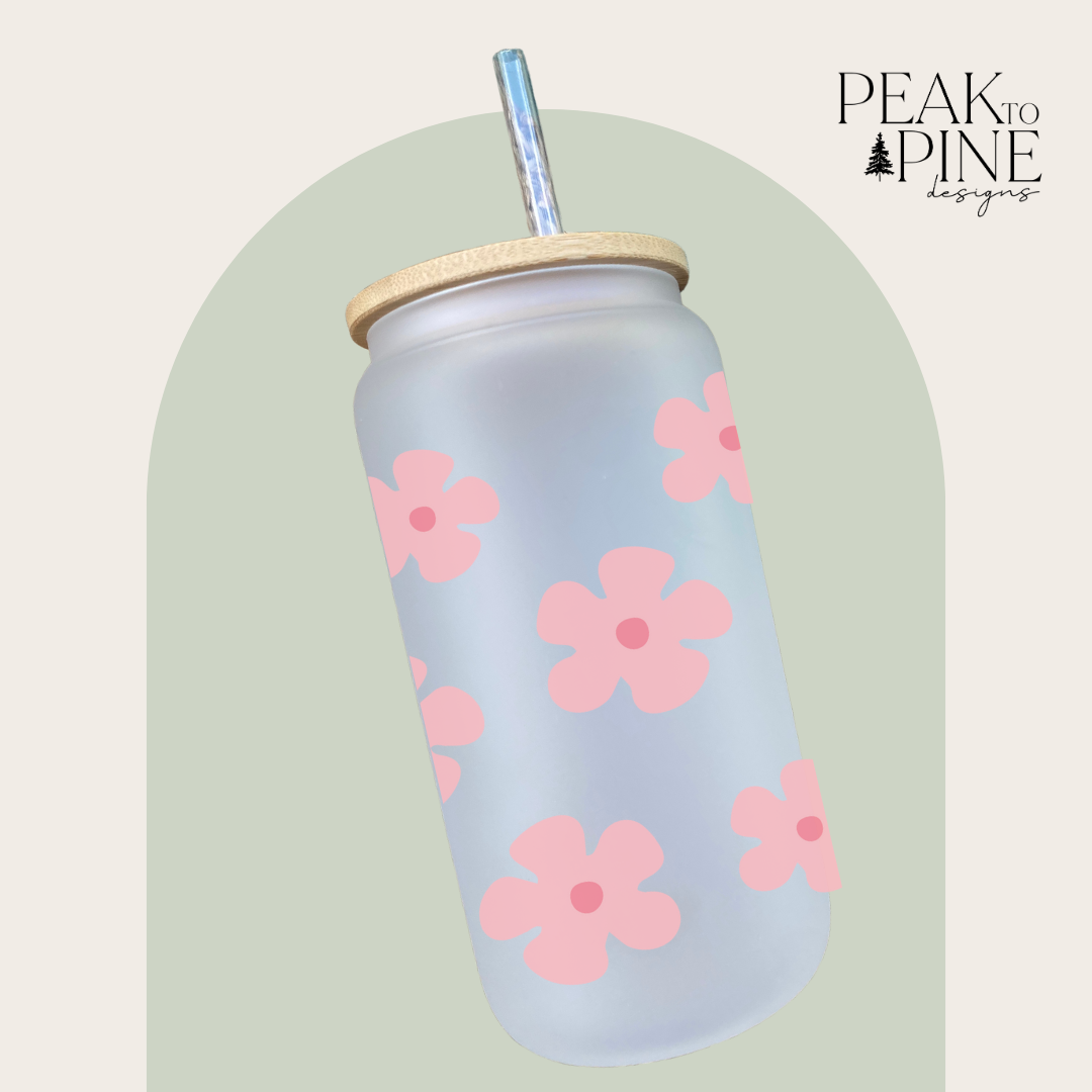 girly pink flowers cute trendy custom glass cup with bamboo lid