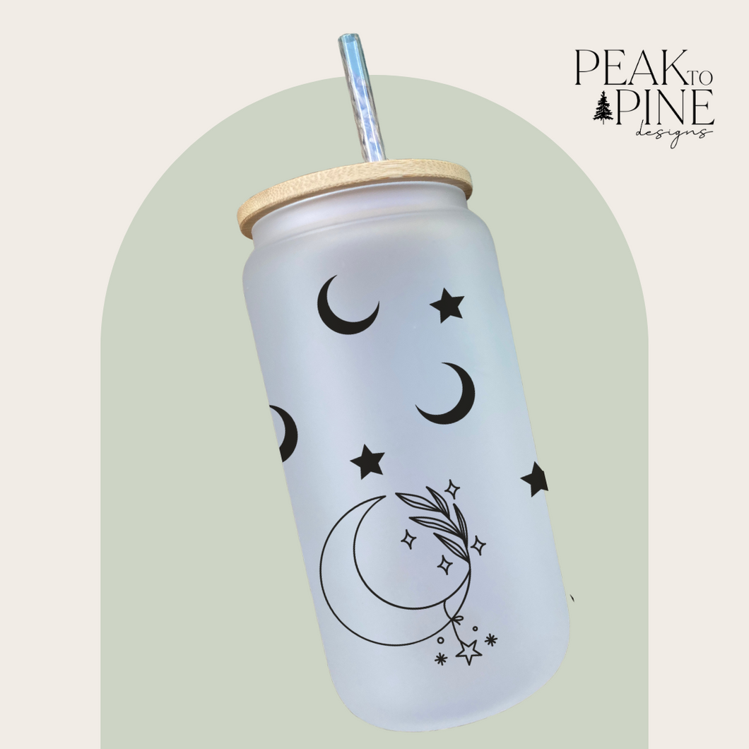 minimalist moons and stars celestial simple elegant glass cup with bamboo lid