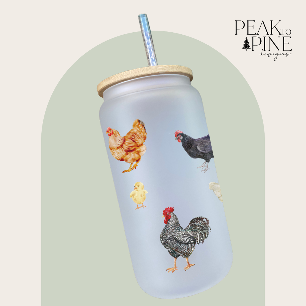 cluck chickens hens rooster farm life custom cute animals glass cup with bamboo lid