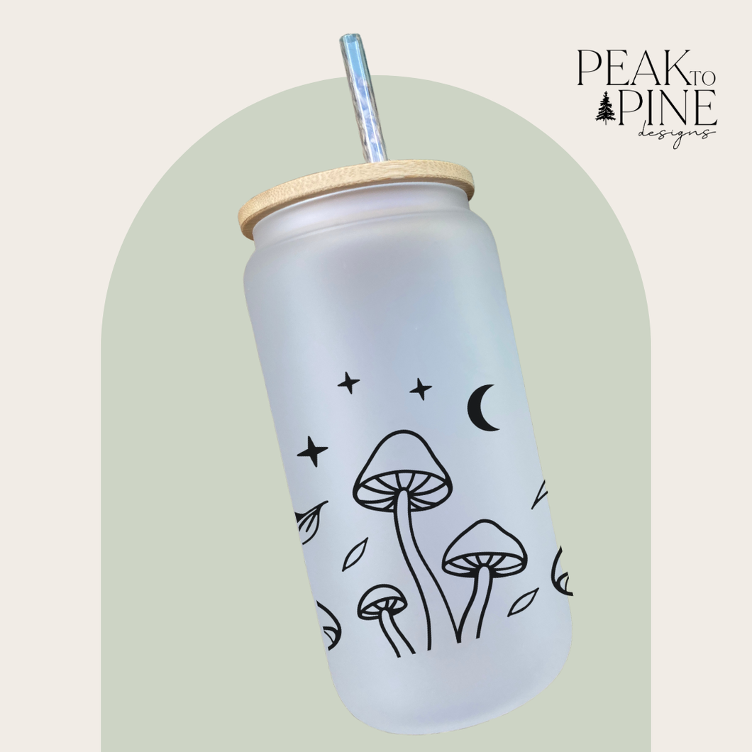 minimalist boho line art mushrooms with stars and moon custom glass cup with bamboo lid