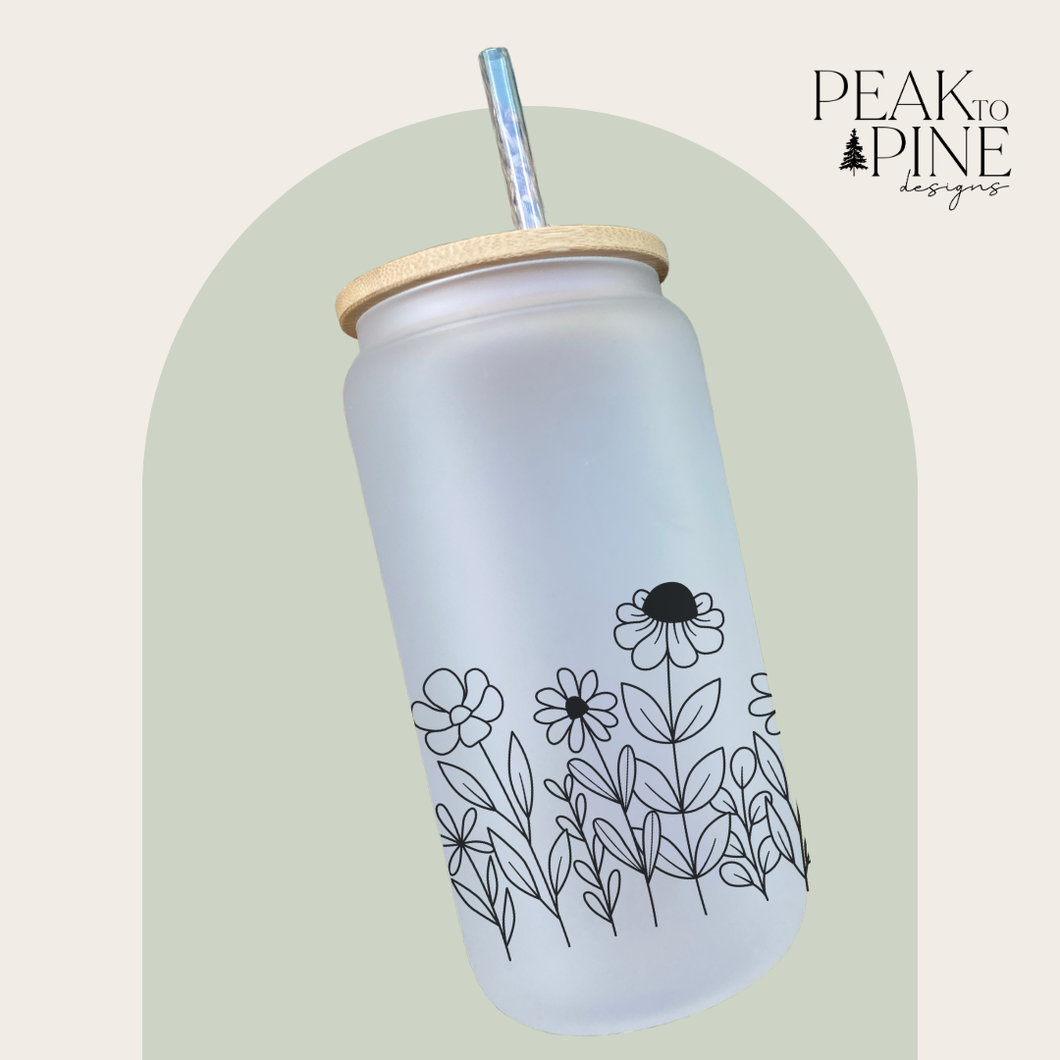 minimalist line art wildflowers floral nature custom glass cup with bamboo lid