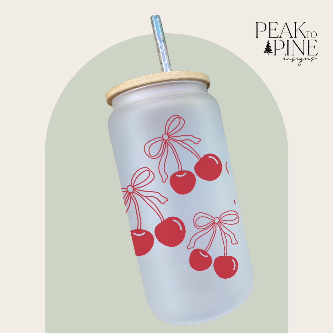Cute cherries bows trendy fun summer elegant custom glass cup with bamboo lid