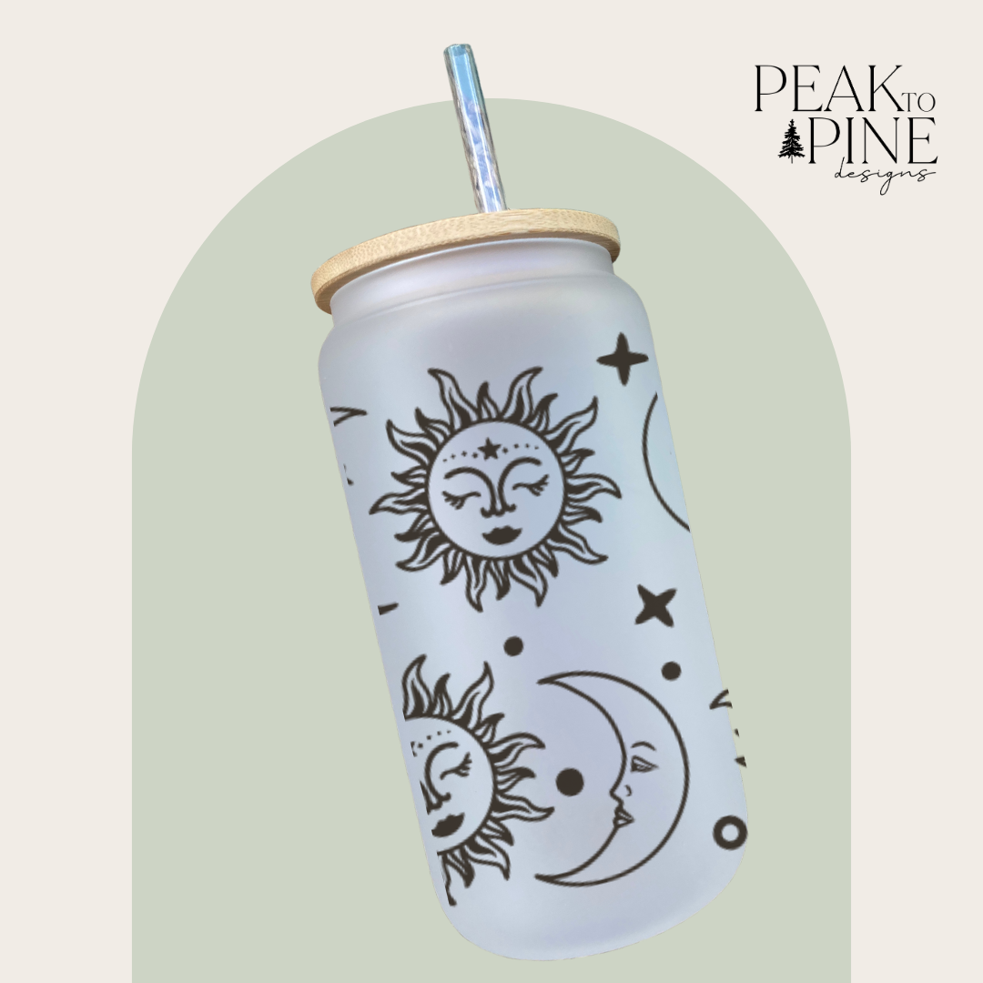 minimalist celestial suns stars moons astrology custom glass cup with bamboo lid