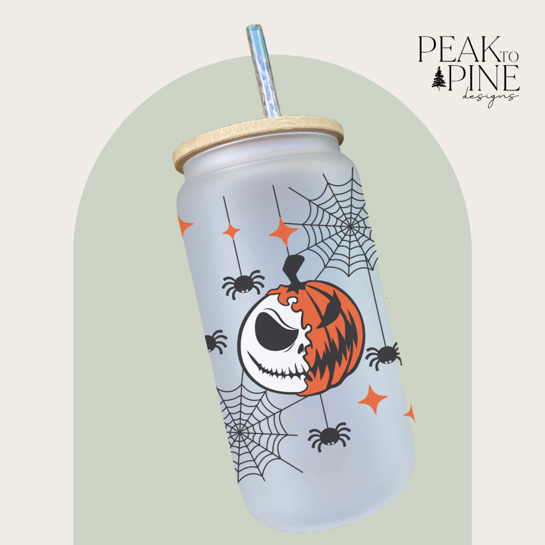 spooky spiders jack skellington pumpkin king halloween custom glass cup with lid