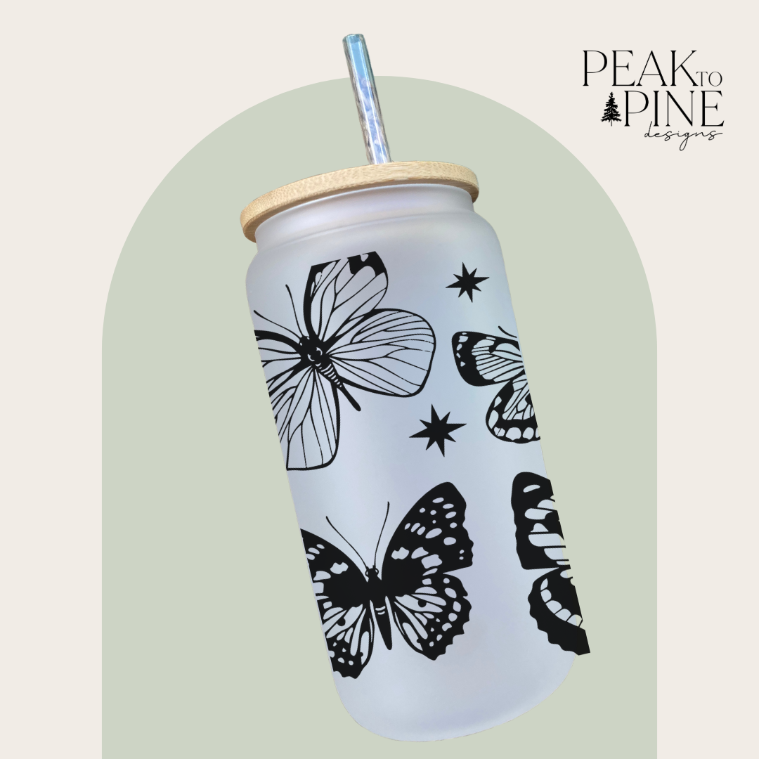 minimalist simple pretty butterflies nature custom glass cup with lid