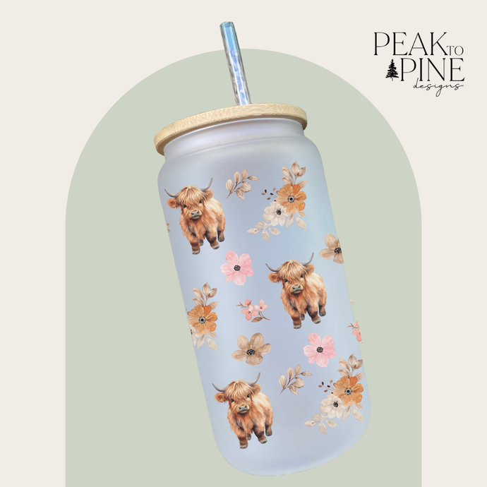 cut baby highland cows with flowers trendy farm custom glass cup with lid