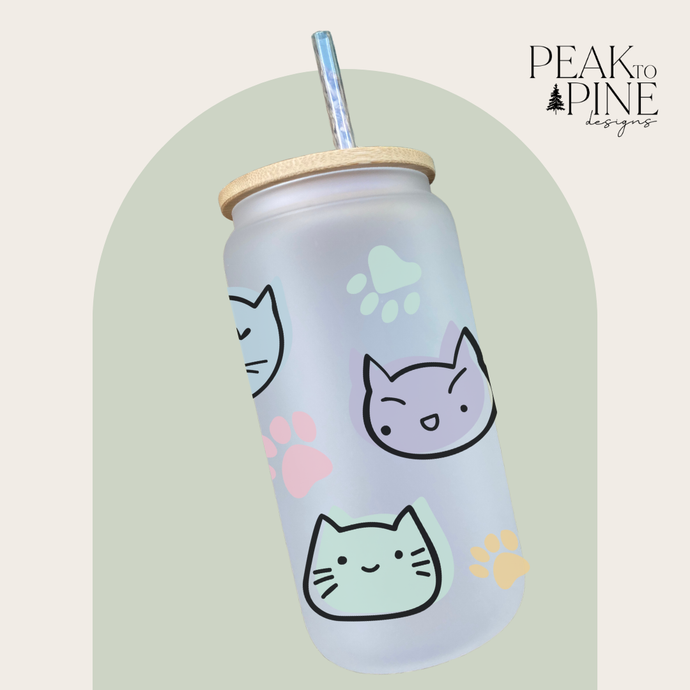 cute colourful fun playful cats cat lover paw prints custom glass cup with lid 