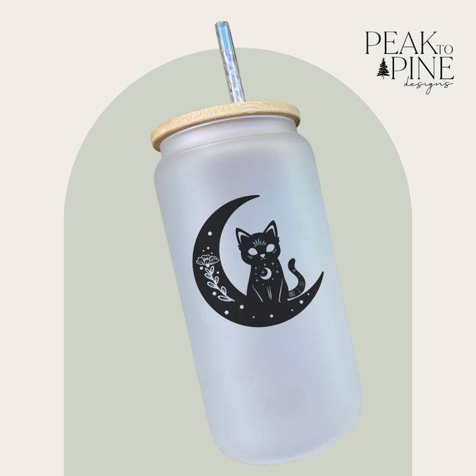 minimalist simple cat on moon celestial custom glass cup with lid