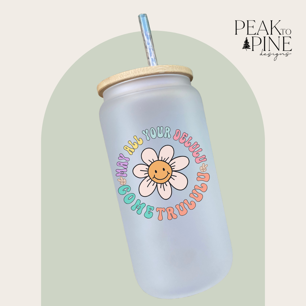 cute trendy retro floral happy face delulu funny custom glass cup with lid