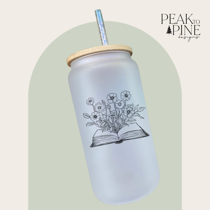 simple minimalist line art sketch floral flowers with open book glass cup with lid