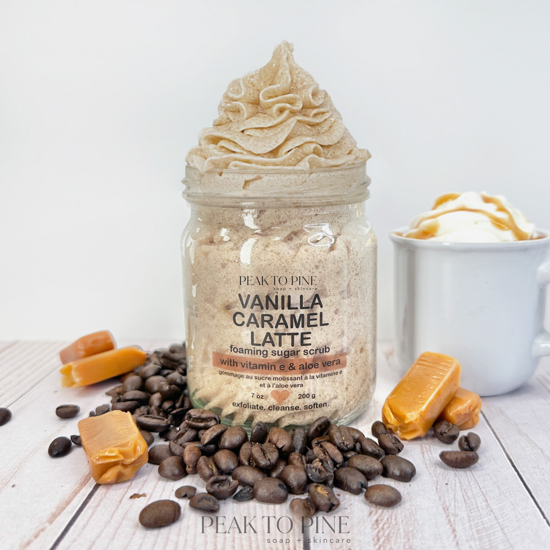 coffee lovers caramel latte foaming cleansing organic sugar scrub made with gentle clean ingredients for soft skin