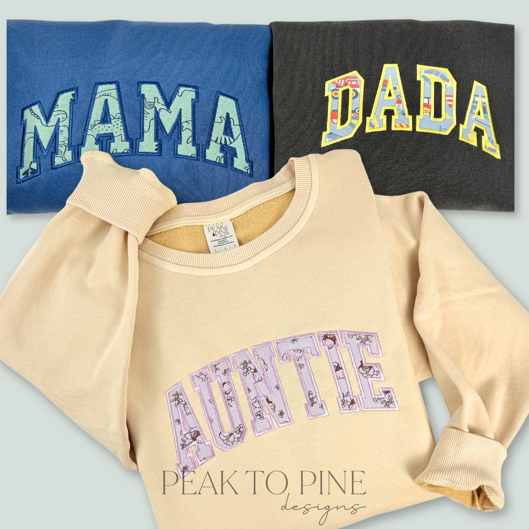 cute baby ones sleeper blanket keepsake embroidered mama dada auntie nana monogram marquee sweatshirt hoodie crewneck custom made gift for mom mothers day