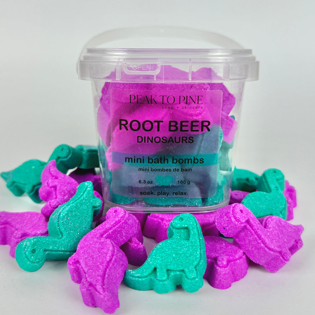 colourful bath bombs nostalgic Dino dinosaur root beer mini bath bombs made for sensitive skin