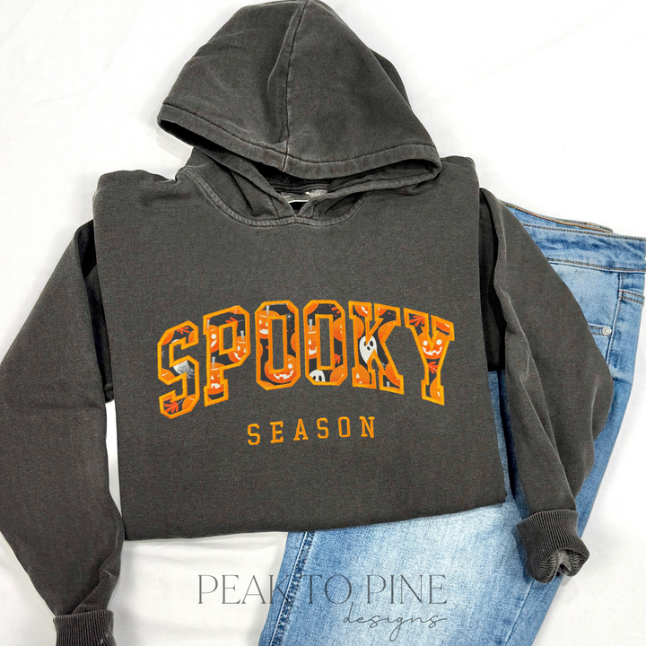 high quality stitched embroidered spooky season marquee letters with pumpkins and ghosts pattern sweatshirt hoodie
