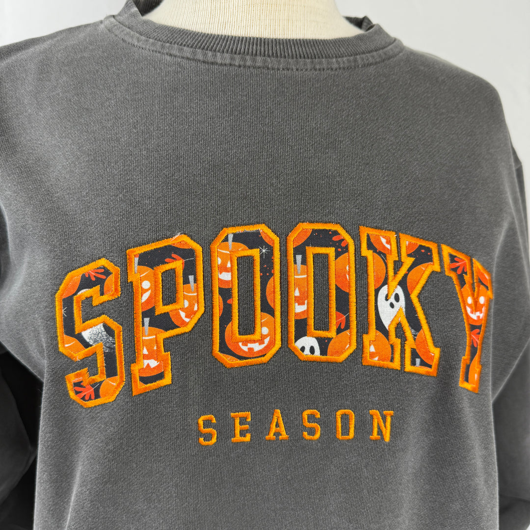 high quality stitched embroidery spooky season marquee letters with pumpkins and ghosts pattern sweatshirt hoodie crewneck
