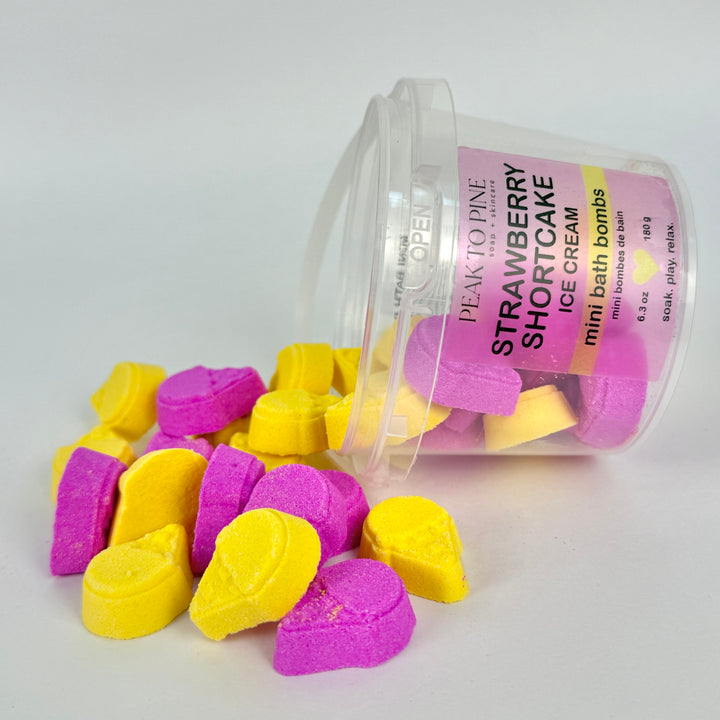 cute colourful mini strawberry shortcake ice cream bath bombs for kids made with gentle ingredients for sensitive skin
